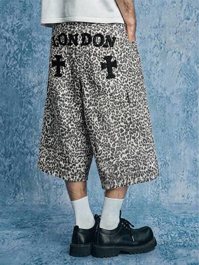Goth Men's Washed Leopard Print Loose Casual Versatile Denim Bermuda Shorts