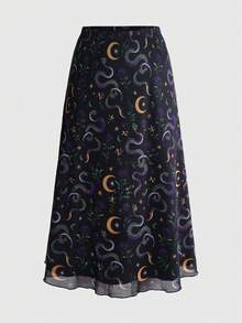 ROMWE Fairycore Plus Size Women's Forest Style Moth Multi-Color Floral Plant Mesh Print A-Line Skirt - Multicolor - View 1