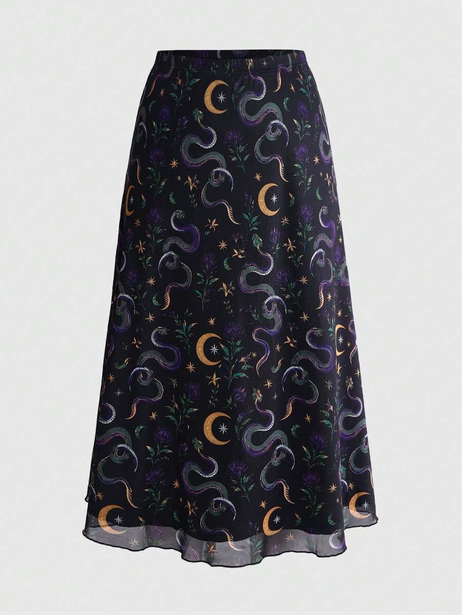 ROMWE Fairycore Plus Size Women's Forest Style Moth Multi-Color Floral Plant Mesh Print A-Line Skirt - Multicolor - View 1