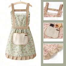 Delantal con tirantes de hombro con estampado floral ditsy, resistente al aceite y a las manchas, estilo vestido de princesa - Rosa - Ver 17
