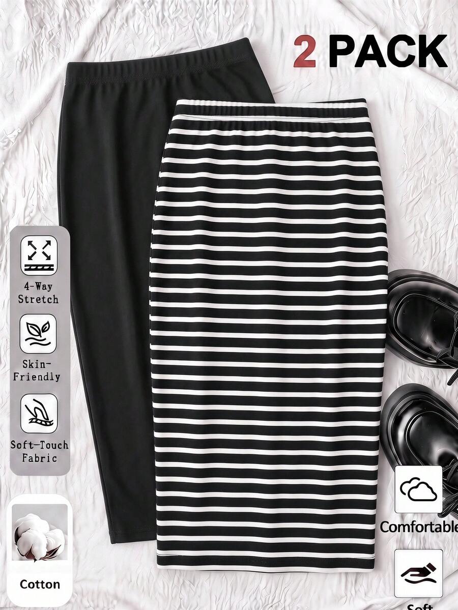 SHEIN Kids Tween Girls Tween Girl Spring/Autumn Minimalist Elegant Skirt Black & White Striped Solid Color Slim Fit Versatile Pcs - Multicolor - View 1