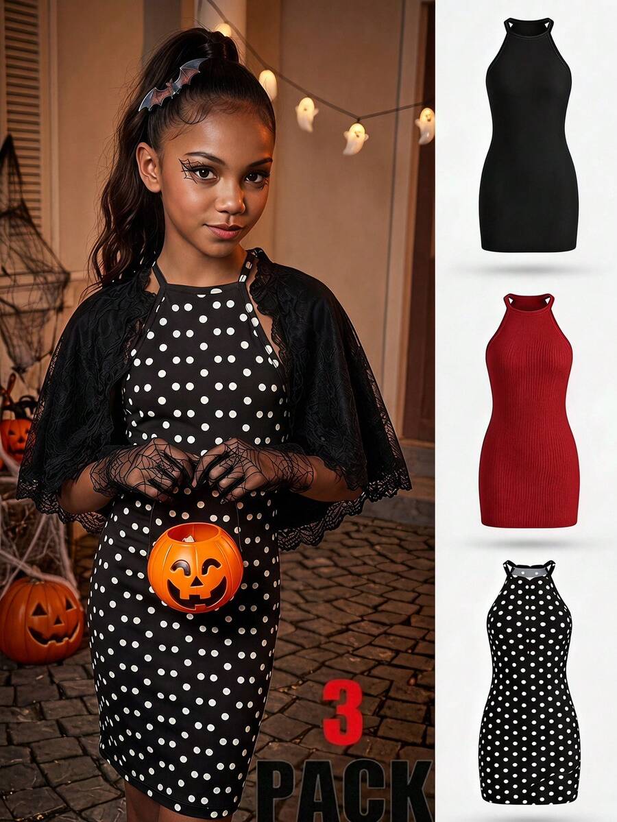 SHEIN Tween Girls Fall Winter 3 Pack Dress, Halter Neck Polka Dot Solid Ribbed Bodycon Midi Dresses,Y2K Aesthetic Casual Outfits Halloween Dress - Multicolor - View 1