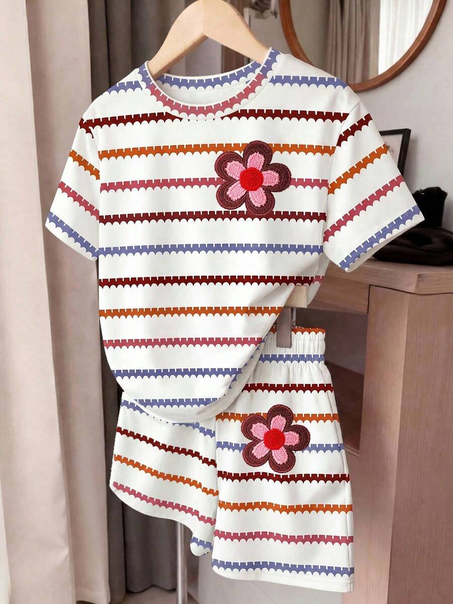 1 Random Set From 2 Designs. New Soft Fabric Crewneck Pullover T-Shirt & Elastic Waistband Shorts | Cute Spring/Summer/Autumn Daily Wear - Multicolor - View 1