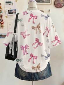 SHEIN Leap Crew 少女休闲宽松蝴蝶结印花针织T恤，适合夏季穿着 - 彩色 - 查看 2