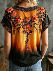 EMERY ROSE 女款復古玫瑰刺繡漸層圖案休閒萬聖節圓領T恤 - 彩色 - 查看 2