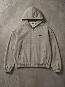 SUMWON Hooded Checked Bomber Jacket With Full Zip Closure Elastic Cuffs And Waistband Micro Gingham Pattern Oversized Fit Autumn Winter Outerwear - Khaki - View 3