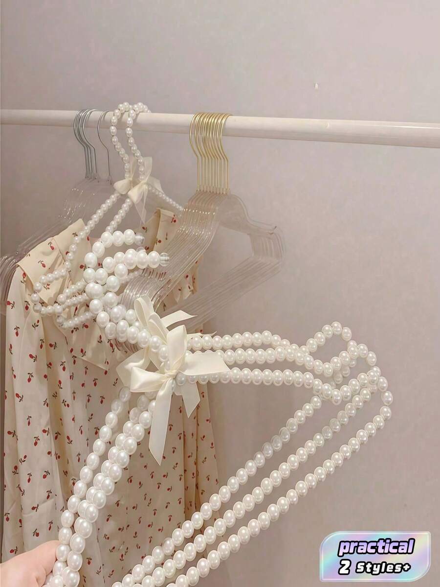 1/5 PCS Plastic Faux Pearl Bow Clothes Hangers White Luxury Garment Hanger For Wedding Dress Closet Storage. - View 1
