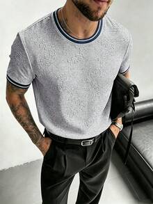 Manfinity Homme Men's Jacquard Striped Crew Neck Short Sleeve Casual Textured T-Shirt - Light Grey - View 2