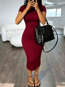 INAWLY Solva Women's Solid Color Sexy Fitted Round Neck Elegant Dress - Burgundy - View 3