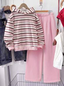Tween Girl Striped Long Sleeve Hoodie And Pants Casual Set - Pink - View 3