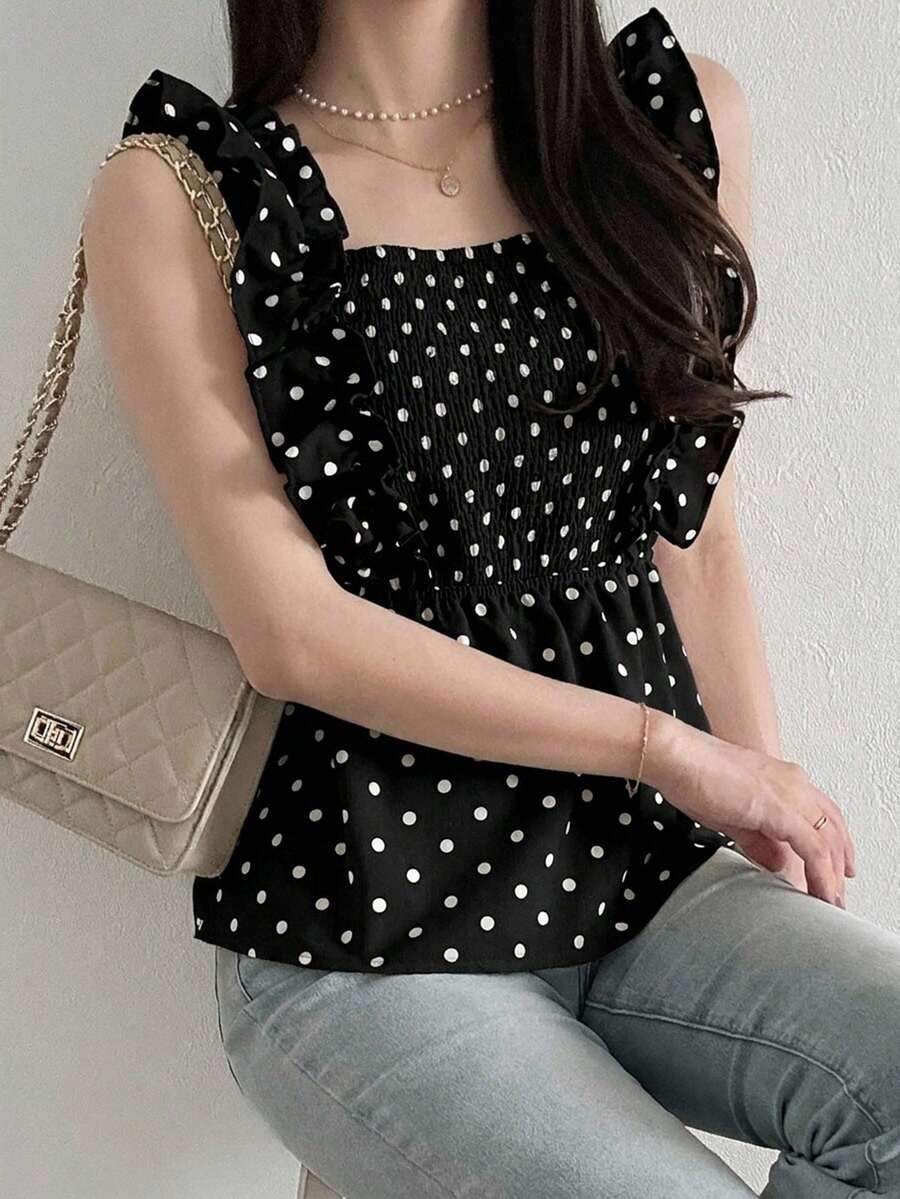 FRIFUL 女款波點休閒可愛優雅百搭日常穿著襯衫上衣 早午餐黑白配色夏季 - 黑色 - 查看 1