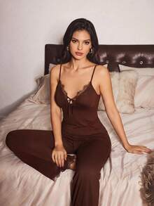 Slumberist Lace Patchwork Camisole Top And Casual Sexy Long Pants Pajama Set Lounge Sleep Dark Brown - Brown - View 5
