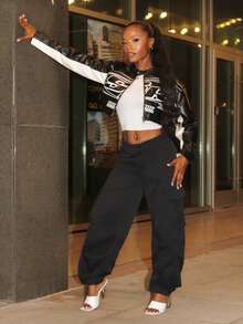 Steph T Flap Pocket Side Drawstring Waist Cargo Black Pants - Black - View 3