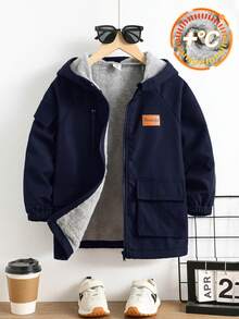 SHEIN 兒童小男孩休閒寬鬆連帽牛仔夾克加厚外套 純黑色 百搭 適合運動、上學 春秋冬三季 - 藏蓝色 - 查看 2