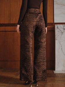 Anewsta Women's Elegant Pleated All-Over Print Wide Leg Pants With Pockets - Coffee Brown - View 8