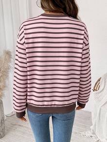 SHEIN LUNE 休閒極簡風粉色與棕色條紋印花女款運動衫 - 白色 - 查看 2