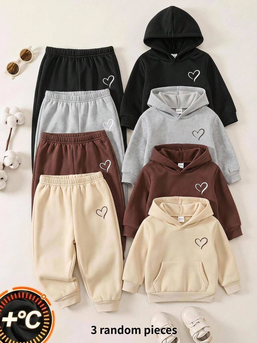SHEIN 女嬰秋冬可愛百搭純色保暖內裡長袖運動衫 3件套 - 彩色 - 查看 1