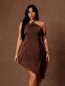 Rustia Plus Size Women Lace Patchwork Casual Party Halter Neck Dress - Coffee Brown - View 3
