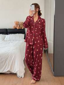 Napfluff Women's Bubble Crinkle Christmas Pattern Printed Long Sleeve Long Pants Plaid Pajama Set - black red - View 7
