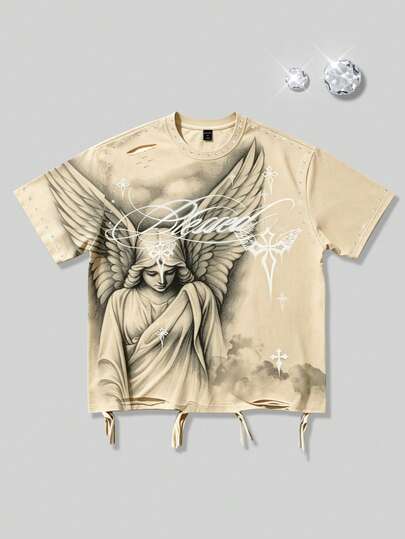 ROMWE MEN Street Life T-shirt de Verão 2026 Nova com Strass e Marca de Água, Estilo Casual de Rua para Homem, Mulher e Casal, Gola Redonda, Manga Curta