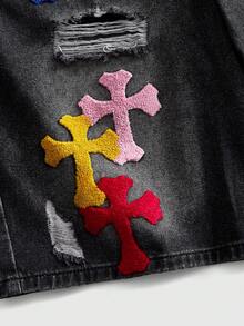 ROMWE MEN Street Life 男士水洗做舊刺繡寬鬆休閒直筒百搭牛仔短褲 - 黑色 - 查看 4