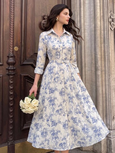 Vintamour Vintage Elegant Women's Floral Shirt Dress Pockets Long Dress Autumn/Winter Casual Commute Holiday Festival Fall Clothes Elegant Long Dress Country