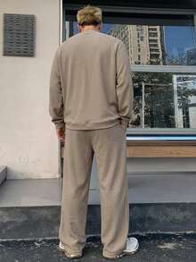 DAZY 男士長袖T恤與直筒長褲2件套 秋季 - 卡其色 - 查看 2