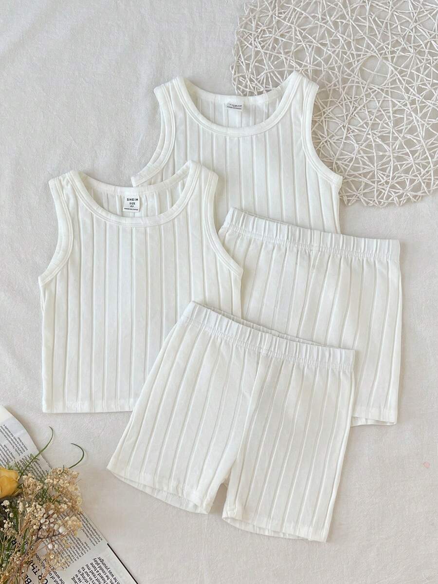 SHEIN 女童小女孩春夏款細肩帶上衣與短褲套裝 素色/多色 2件式內著套裝 全季節適用 - 白色 - 查看 1
