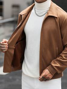 Manfinity CasualCool 男士棕色麂皮拉鍊夾克 - 標準版型翻領設計 | 秋季休閒通勤與登山穿搭 - 棕色 - 查看 7