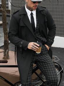 Manfinity CasualCool 男士雙排扣黑色秋季優雅晚宴風衣，簡約缺口領長版大衣，適合送給丈夫或男友的週年紀念禮物 - 黑色 - 查看 1