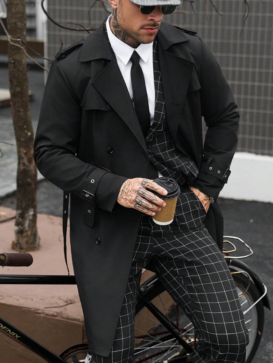 Manfinity CasualCool 男士雙排扣黑色秋季優雅晚宴風衣,簡約缺口領長版大衣,適合送給丈夫或男友的週年紀念禮物 - 黑色 - 查看 1