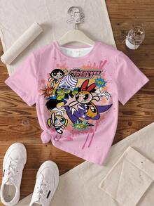 THE POWERPUFF GIRLS X SHEIN 青少年女孩字母卡通印花休閒日常短袖T恤 - 白色 - 查看 3