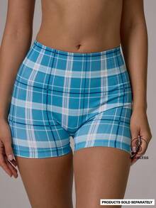 Musera Sport Checkered Print Seamless High Waist Fitted Active Coord Mini Shorts Gym Pilates Daily Running - Blue - View 2