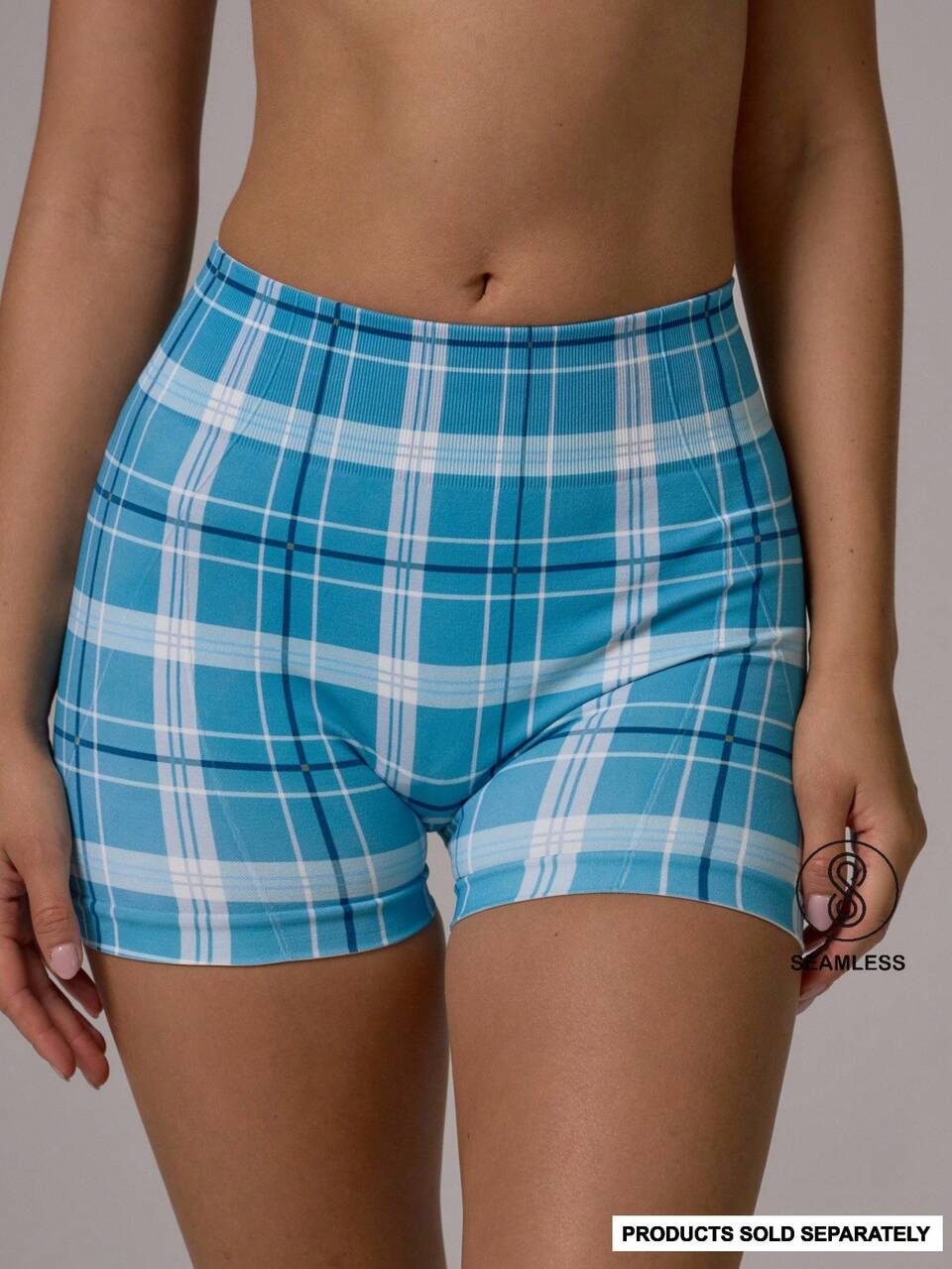 Sport Blue Checkered Print Seamless High Waist Fitted Active Coord Mini Shorts