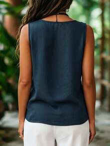 Zayélia Women's Solid Color Round Neck Single-Breasted Casual Vest - Navy Blue - View 2