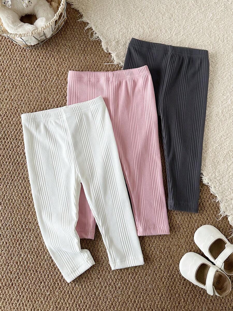 SHEIN Vintaside Kids 3件組女嬰法式簡約純色針織內搭褲,彈性腰頭,休閒日常百搭,可愛甜美 - 彩色 - 查看 1