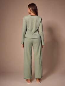 SHEIN Women's Casual Knitted Jacquard Tie Bow Loungewear Pajama Set - Green - View 5
