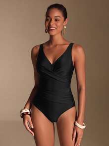 Swim Chiccia Traje de baño de una pieza de estilo simple de unicolor para mujer de playa de verano para vacaciones - Negro - Ver 8