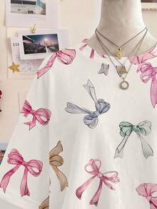 SHEIN Leap Crew 少女休闲宽松蝴蝶结印花针织T恤，适合夏季穿着 - 彩色 - 查看 3