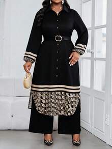 SHEIN Lady Setelan Kemeja & Celana Kasual Ukuran Besar untuk Beraktivitas di Luar Ruangan (2 Potong) Musim Gugur - Hitam - View 3