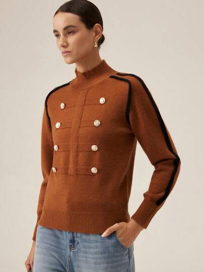 SHEIN PariChic Sweater Rajut Wanita Model Vintage Prancis Warna Cokelat Karamel Kancing Emas Kancing Ganda Leher Setengah Tinggi, Lengan Panjang Lembut dan Longgar, Cocok untuk Musim Gugur/Dingin, Pakaian Luar dengan Nuansa Segar