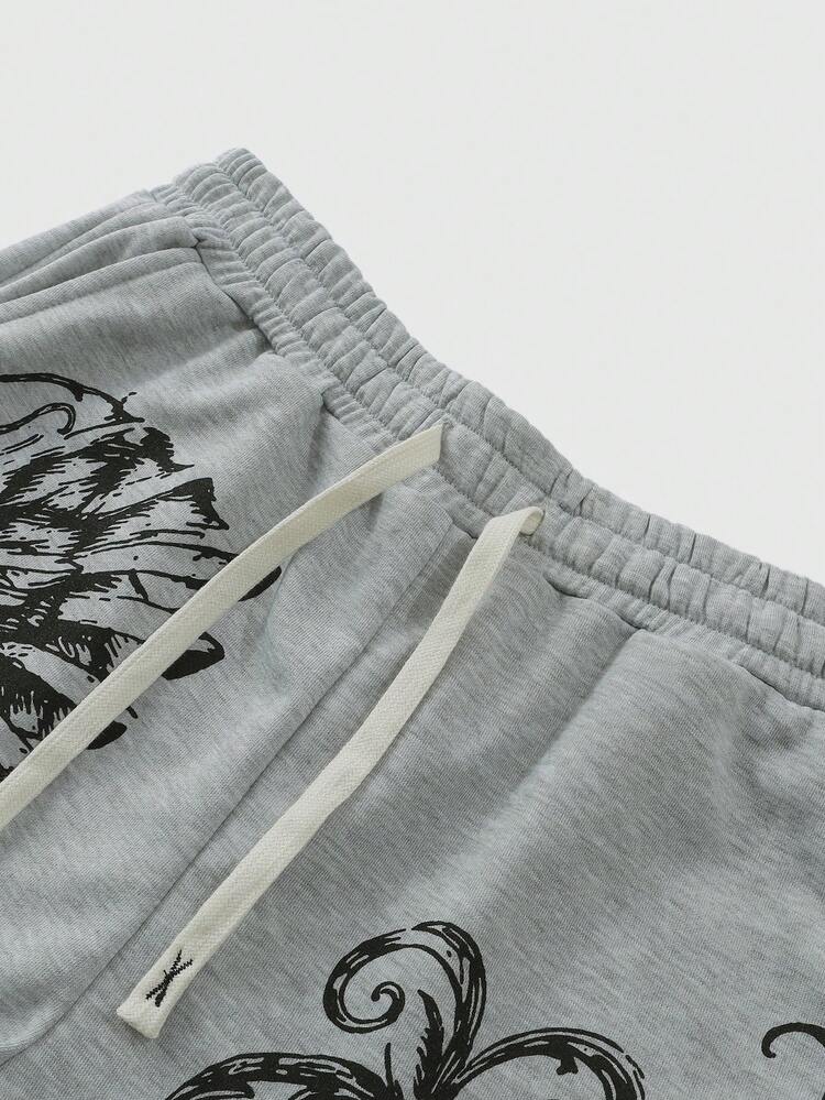 ROMWE MEN Men's Skull & Cross Print Loose Fit Sweatpants - Grey - View 4