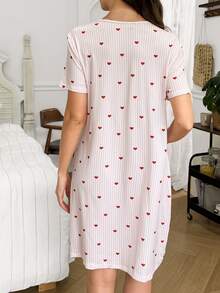 Moonlight&Mama Pink & White Fine Vertical Striped All-Over Print Small Red Heart V-Neck Front Button Loose Short Sleeve Maternity Nightgown Loungewear - Pink - View 2