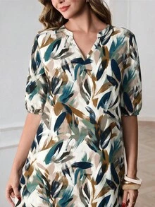 EMERY ROSE Vestido largo de mujer con cuello en V, estampado de hojas abstractas y bajo con volantes, otoño/invierno - Multicolor - Ver 4