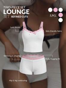 Amplova 2pcs Contrast Color Lace Patchwork Bow Decor Camisole And Mini Shorts Set - White - View 7