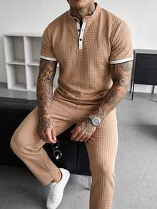 Manfinity Homme Summer New Men's Casual 2 Pieces Set Short Sleeve Long Pants Outfit Collared Solid Color Business - Apricot - View 4