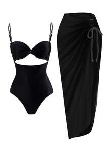 SHEIN Swim 女款夏季新款沙灘比基尼3件套，包含一件式上衣、漸層編繩細肩帶、側綁帶沙灘裙 - 黑色 - 查看 3