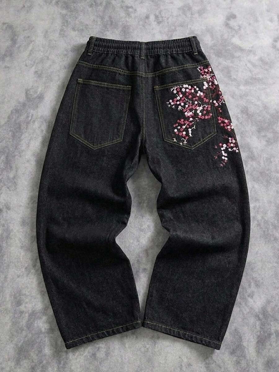 Manfinity ZONE917 街頭風復古時尚百搭鉚釘刺繡設計寬鬆寬腿休閒牛仔褲（不含腰帶與配件）