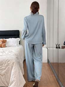 Napfluff Set Pakaian Santai Lengan Panjang Berkerah dengan Hiasan Renda Garis-Garis Halus Biru & Putih Segar - Dusty Blue - View 7