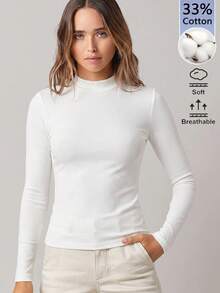 SHEIN BASICS Women's White Minimalist Modest Basic Casual Round Neck Long Sleeve T-Shirt For Daily Wear Everyday Daytime Fall Work School - White - View 5